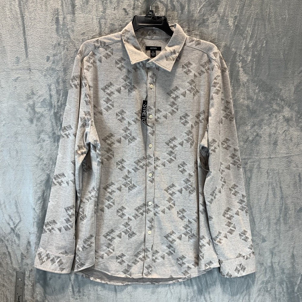 Alfani Men's‎ Button Up Shirt XL Geometric Print Long Sleeve Tan Silver Cloud